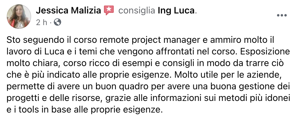 testimonianza Jessica Malizia corso Luca Faccin Remote Project Management