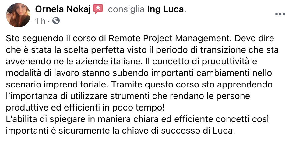 testimonianza Ornela Nokaj corso Luca Faccin Remote Project Management