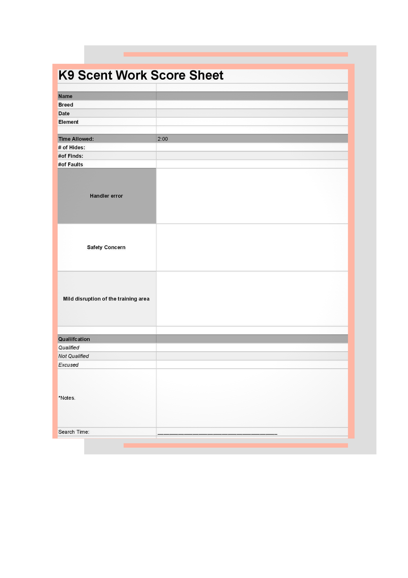 Dingle Days K9 Scent Work Score Sheet