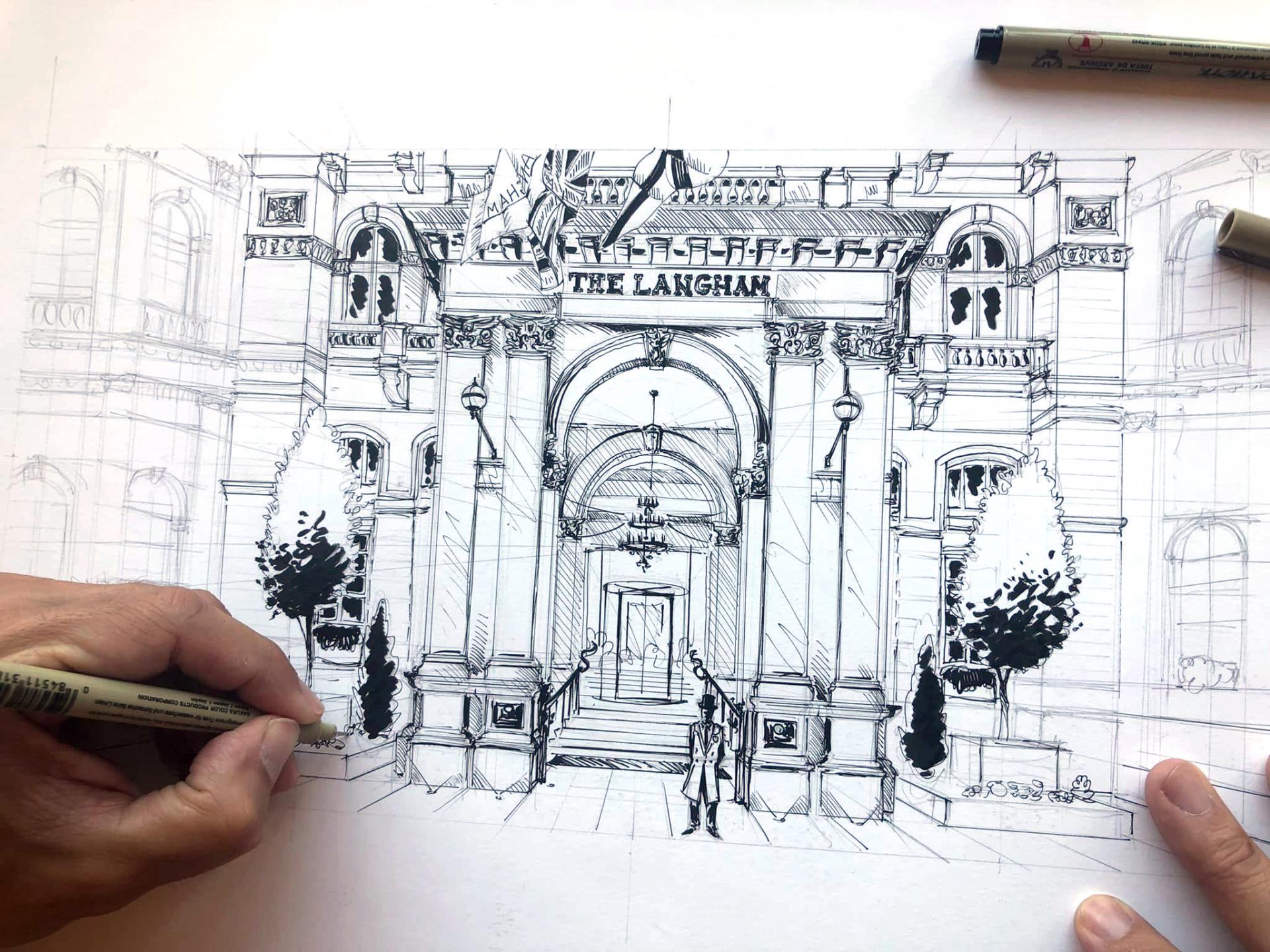Fine line drawing of the Langham Hotel, London (UK). This drawing is meant to be printed on the wedding album linen.