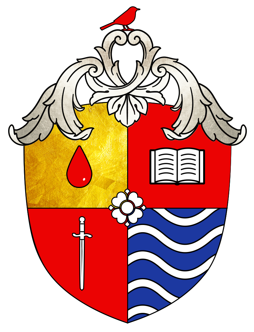 Period Coaching School coat of arms. Menstrual blood, book, water waves, sword