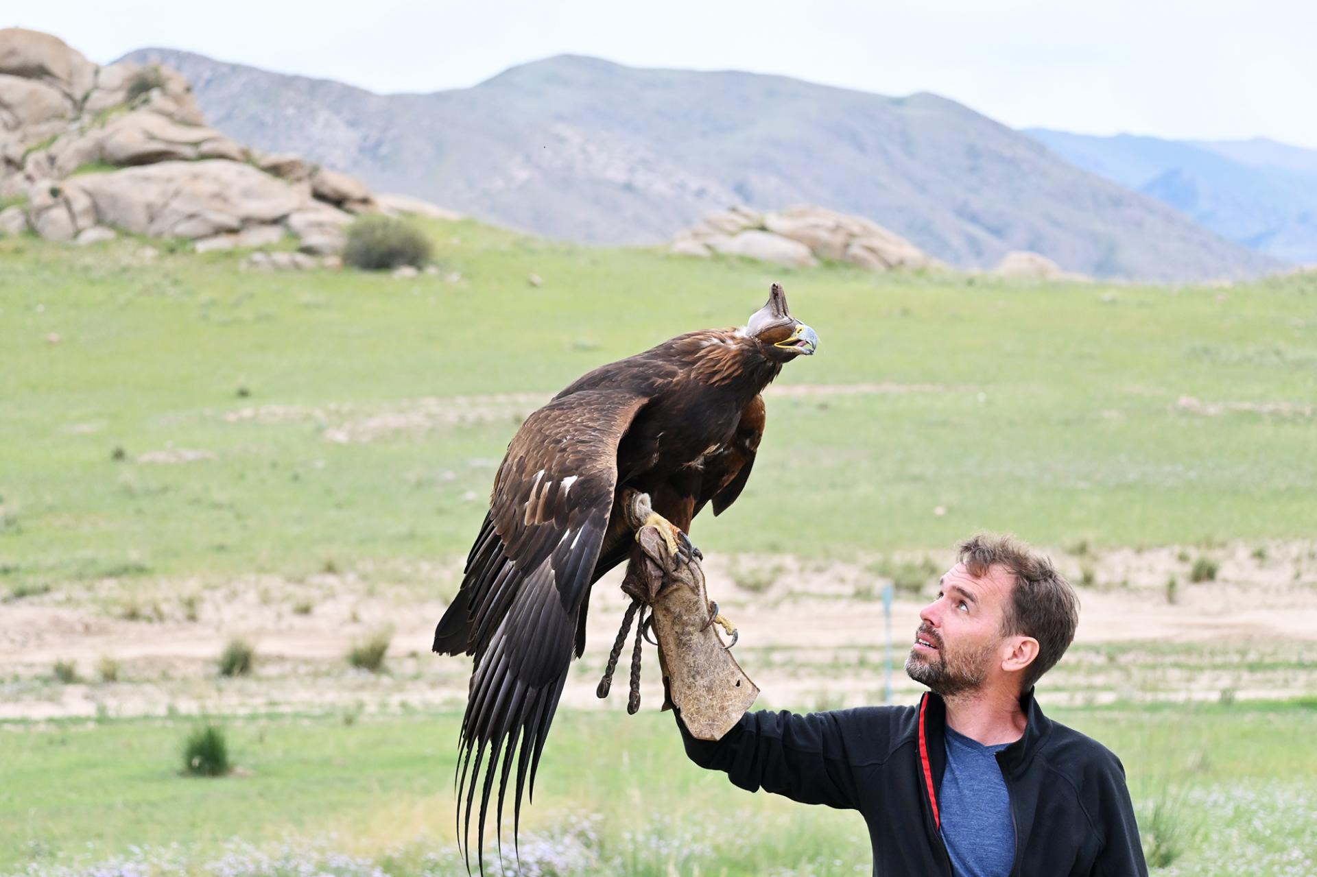 Tom Bourdon, founder of Raw Tours, interacting with a golden eagle during a photography adventure