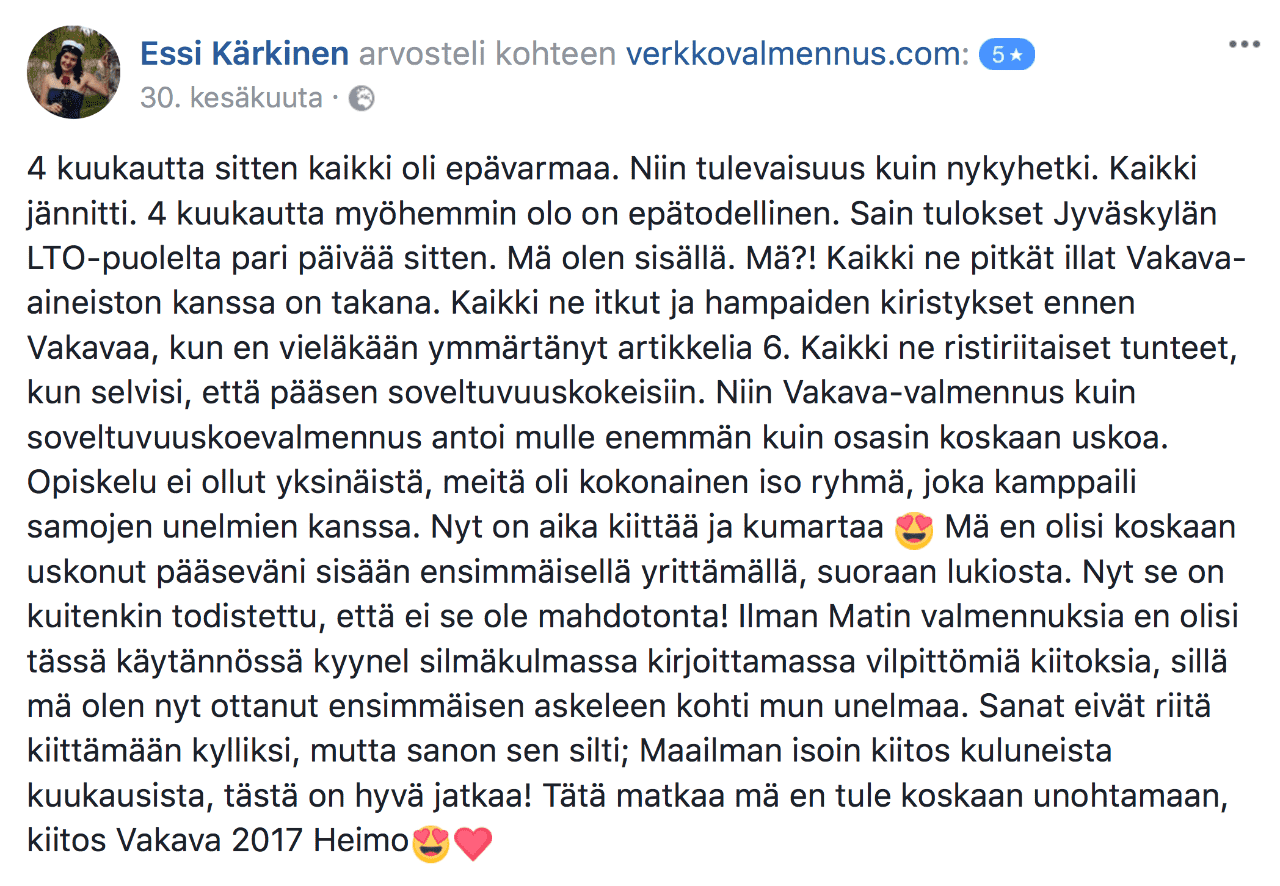 Kokemuksia verkkovalmennus.com VAKAVA-kokeen ja soveltuvuuskokeen valmennus