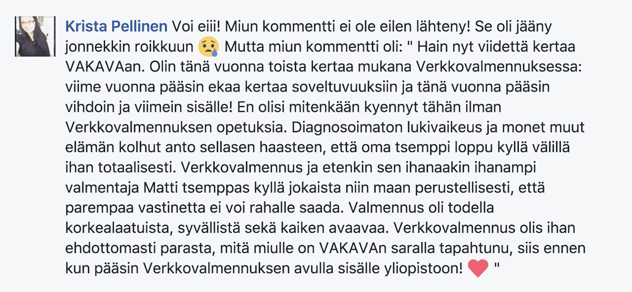 Kokemuksia verkkovalmennus.com VAKAVA-kokeen ja soveltuvuuskokeen valmennus