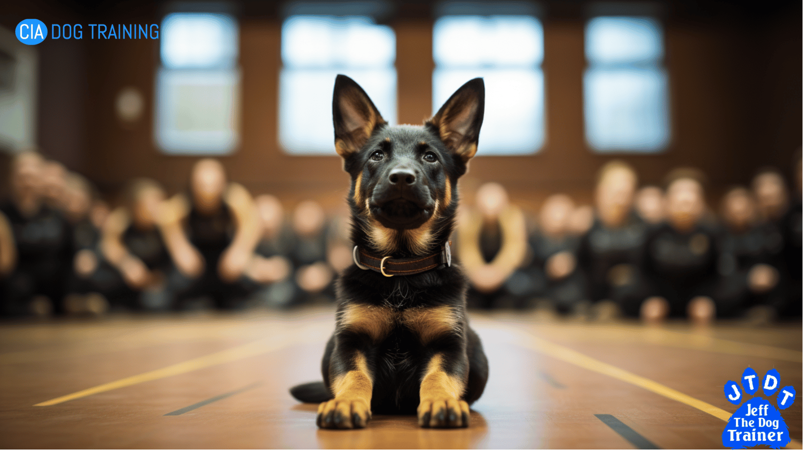 puppy shepherd in class with people blurred out behind dog