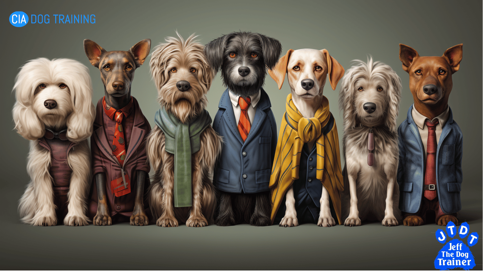 various dog breeds wearing human clothes