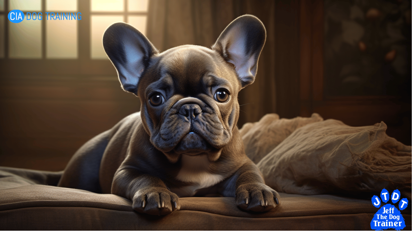 A blue french bulldog lying on a bed looking straight forward