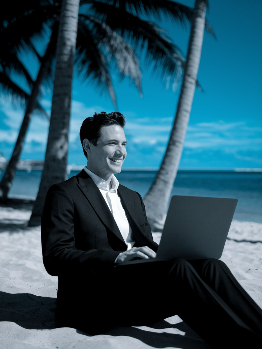 Happy law firm onwer working from a beach