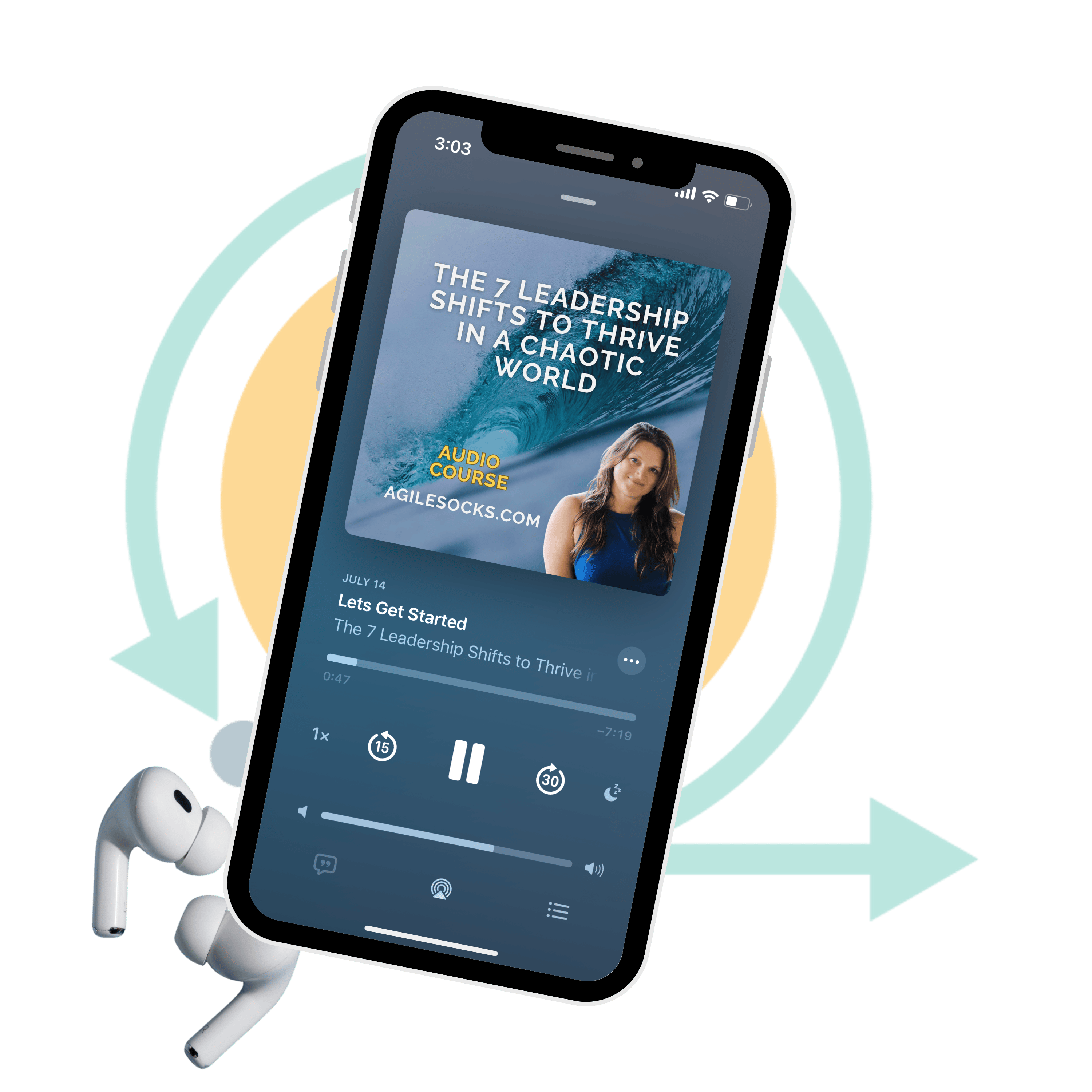 Image of iphone with podcast cover for The 7 Leadership Shifts Audio Course