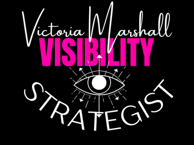 The words Victoria Marshall, Visibility Strategist, with Visibility in Block Pink and Strategist Curling around an eye with 