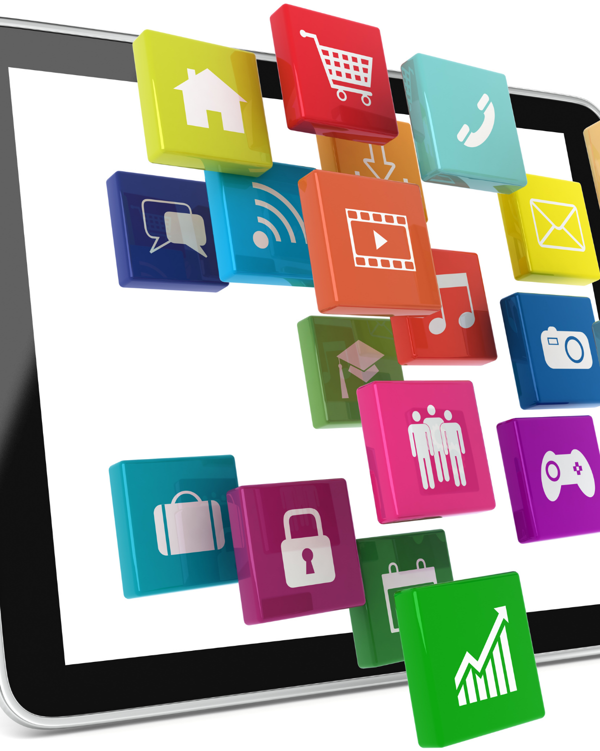 Software icons popping out of a tablet 