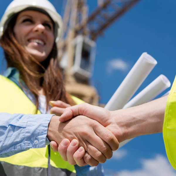 Construction team leaders shaking hands