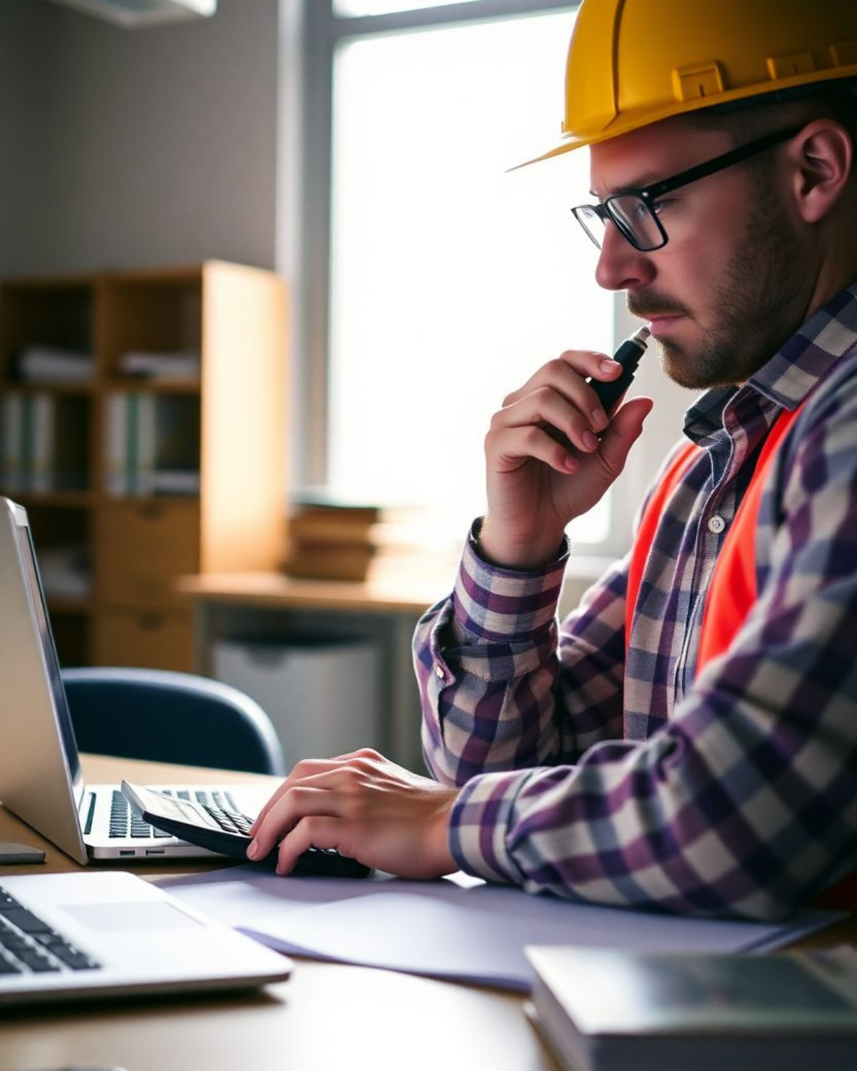 Construction owner lookin at computer thinking