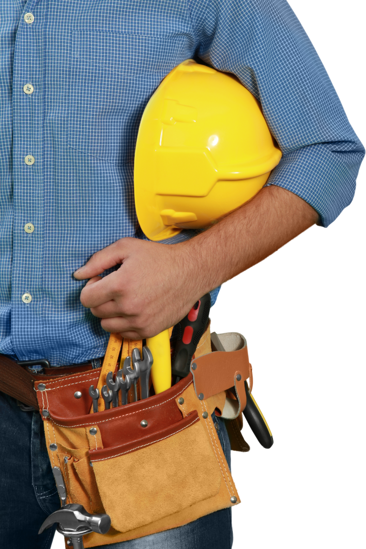 Construction worker with tool belt and hard hat
