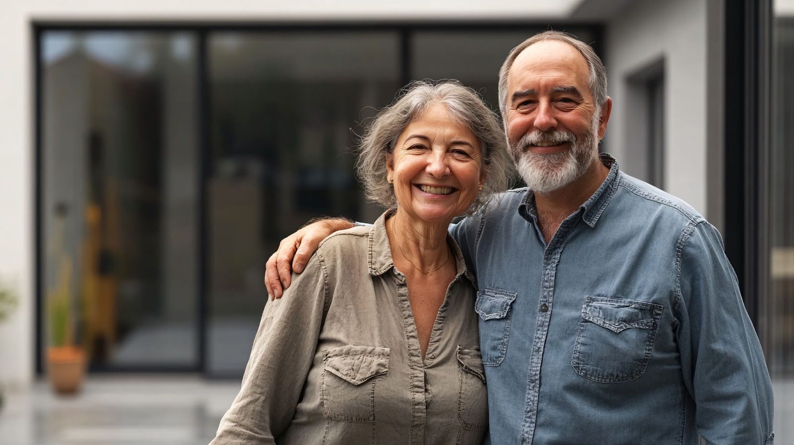 a senior couple hugging and looking at the camera