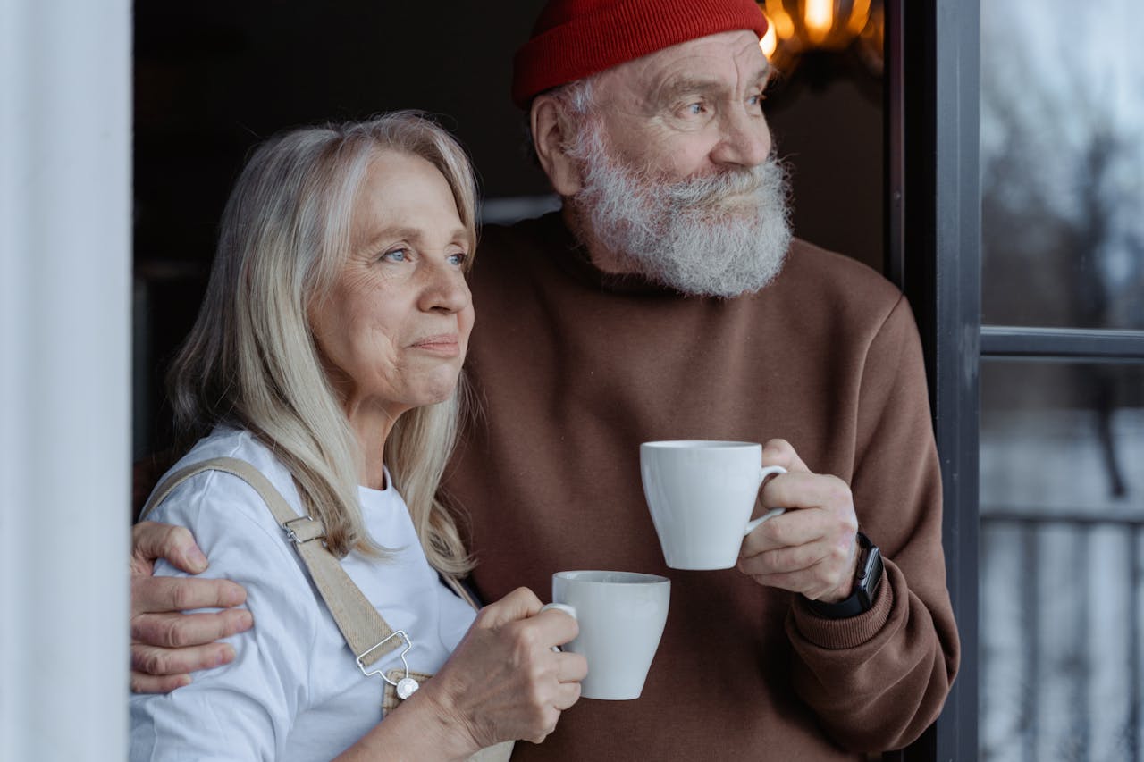 elderly couple with coffee