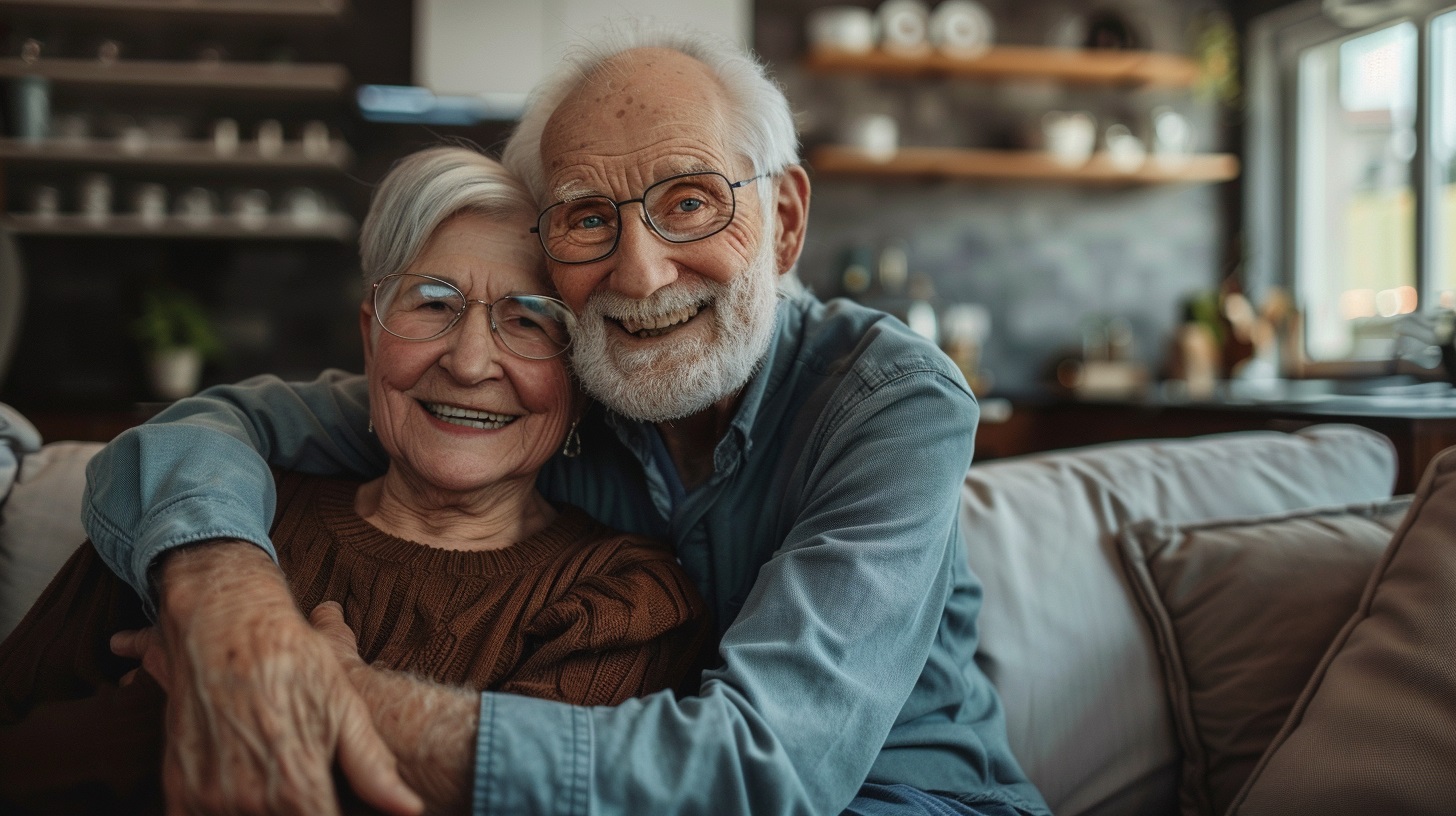 a senior couple hugging on a couch 