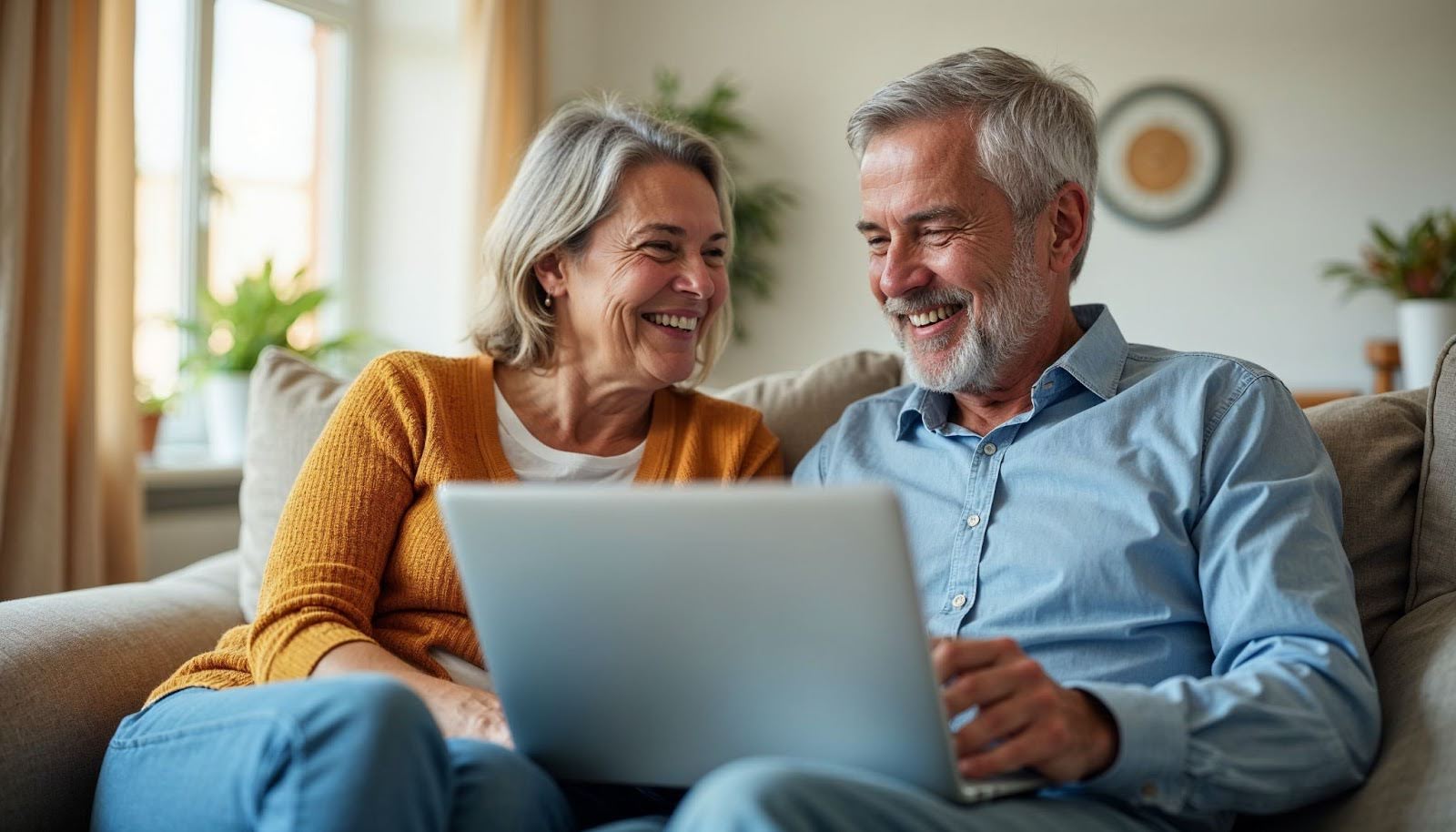 a senior couple smiling and sitting on the sofa