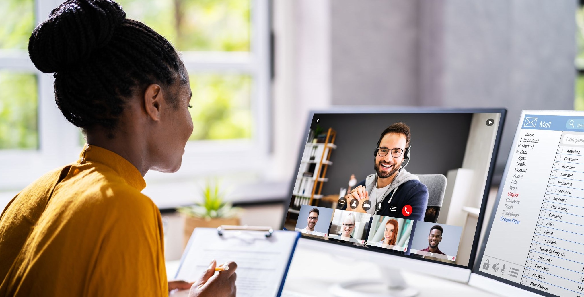 Woman being interviewed by an online panel.