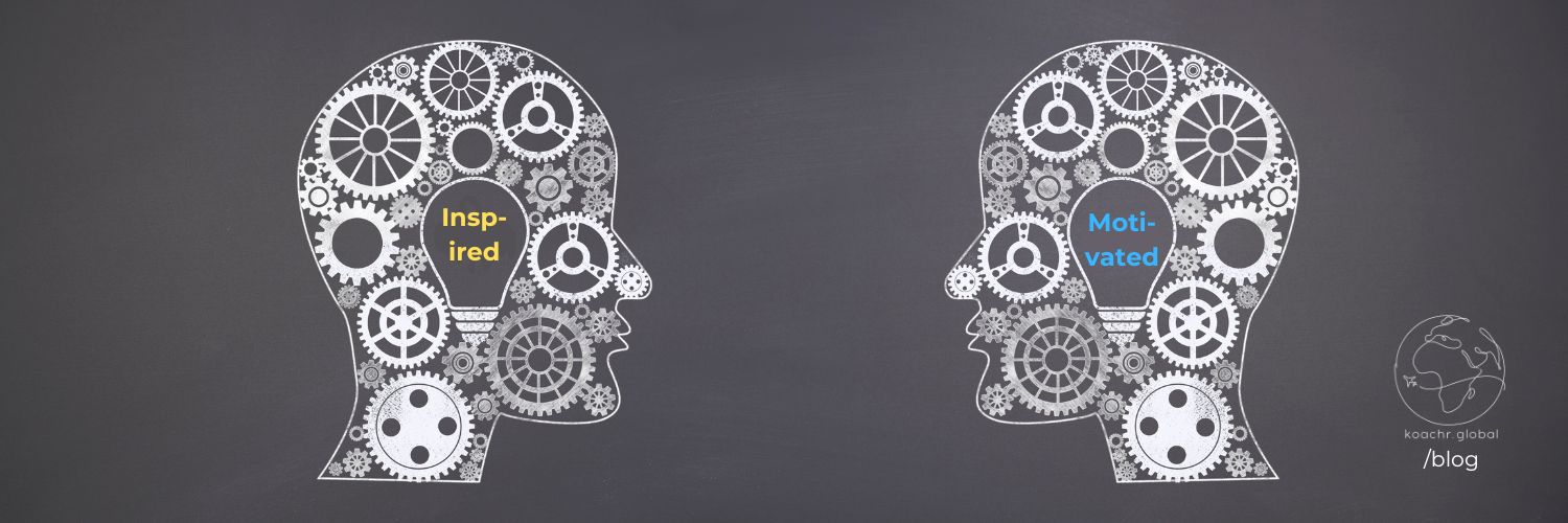 Illustration: two heads with a lightbulb inside, surrounded by cogwheels. One bulb says "inspired", the other "motivated"