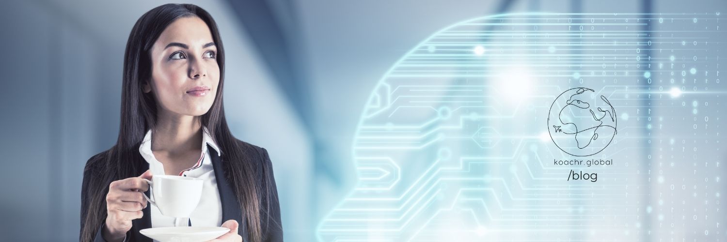 Professional woman holding a cup of coffee and looking contemplative, next to a graphic illustration of AI