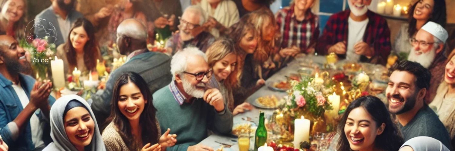AI generated image of a diverse group of people sharing a non-specific, festive holiday meal