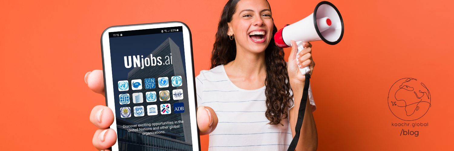 Woman holding a bullhorn and reaching out her phone to show of the new UN jobs app.
