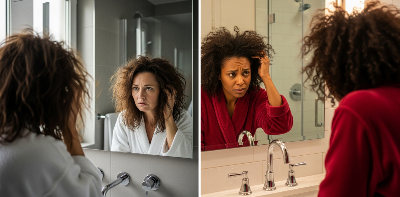 l'inefficacité des sérums cosmétiques face à une chute de cheveux causée par le stress. 