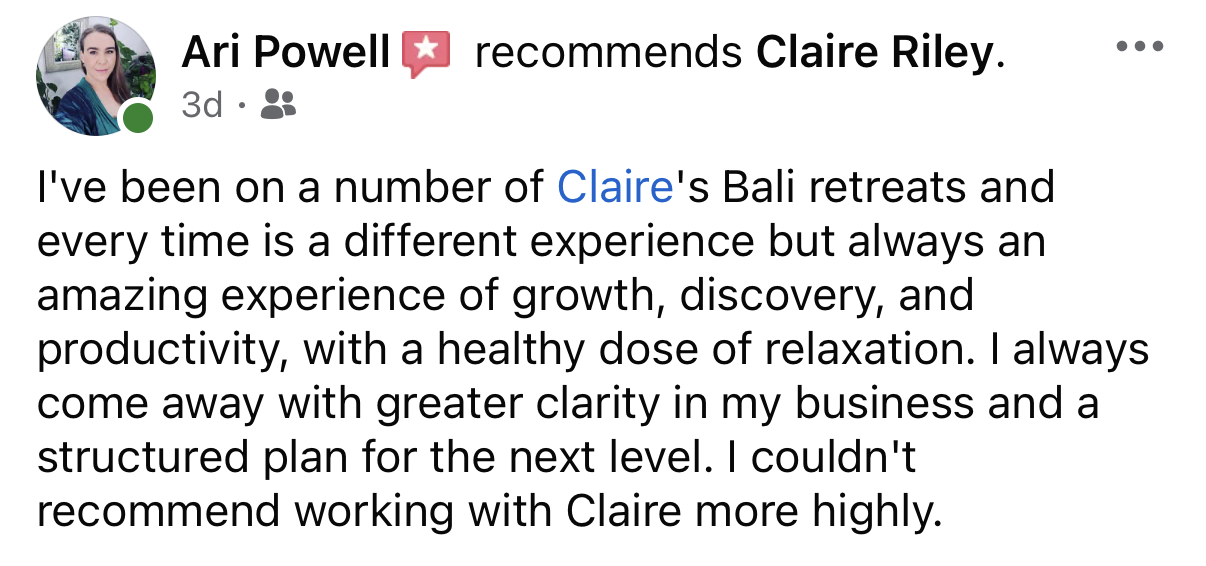 Claire Riley Bali Retreat Testimonials