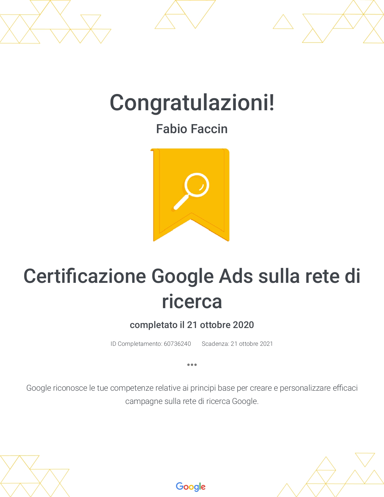 Certificazione Fabio Faccin Google ricerca