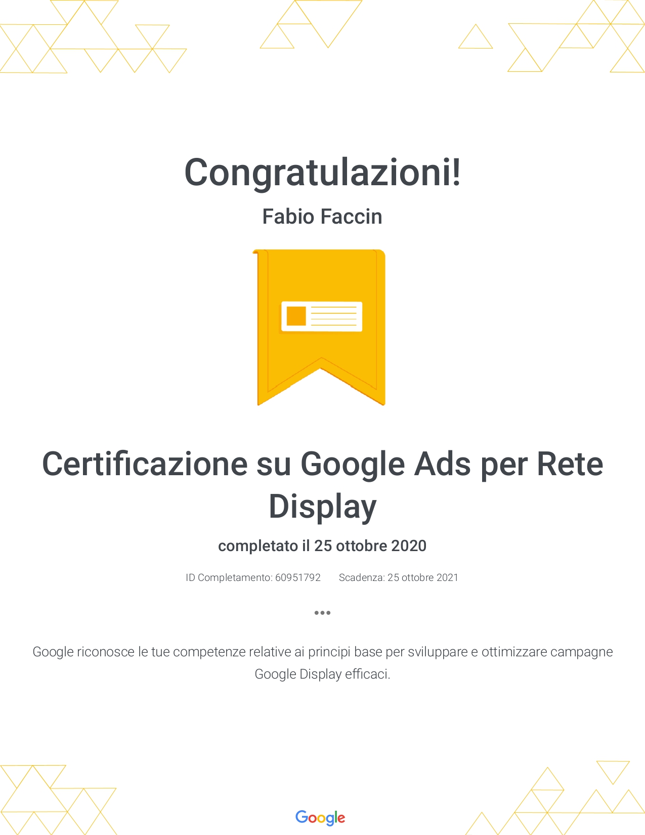 Certificazione Fabio Faccin Google display