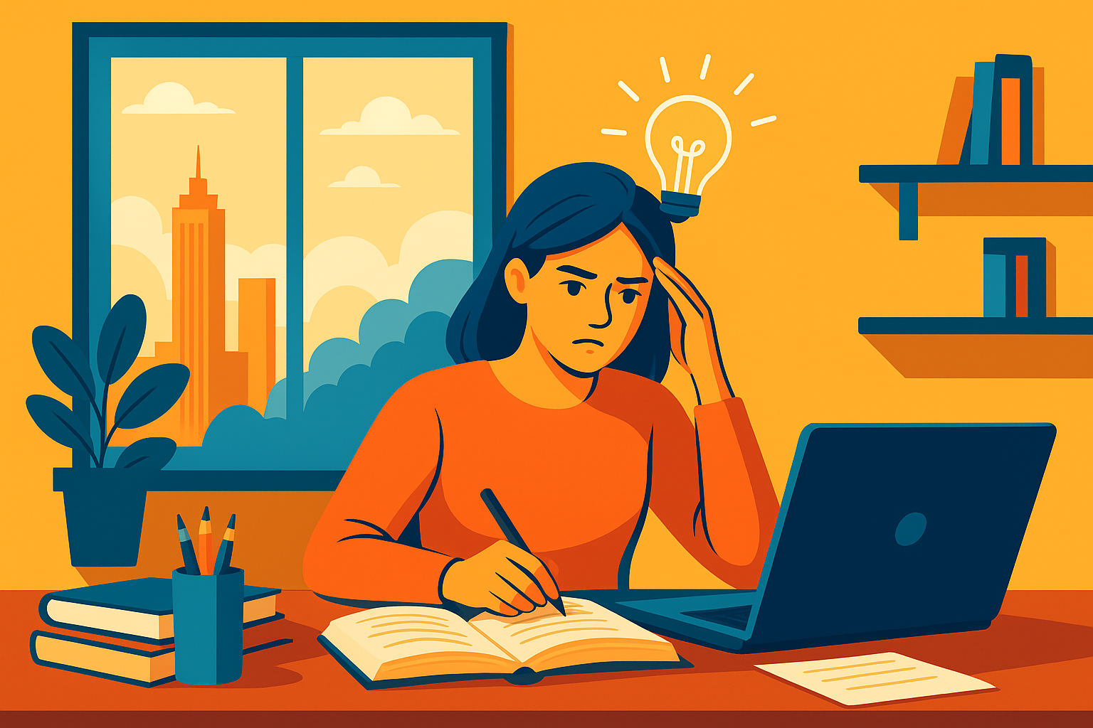 Kobieta pracująca zdalnie przy biurku z laptopem, książkami i filiżanką kawy, w tle okno z widokiem na naturę