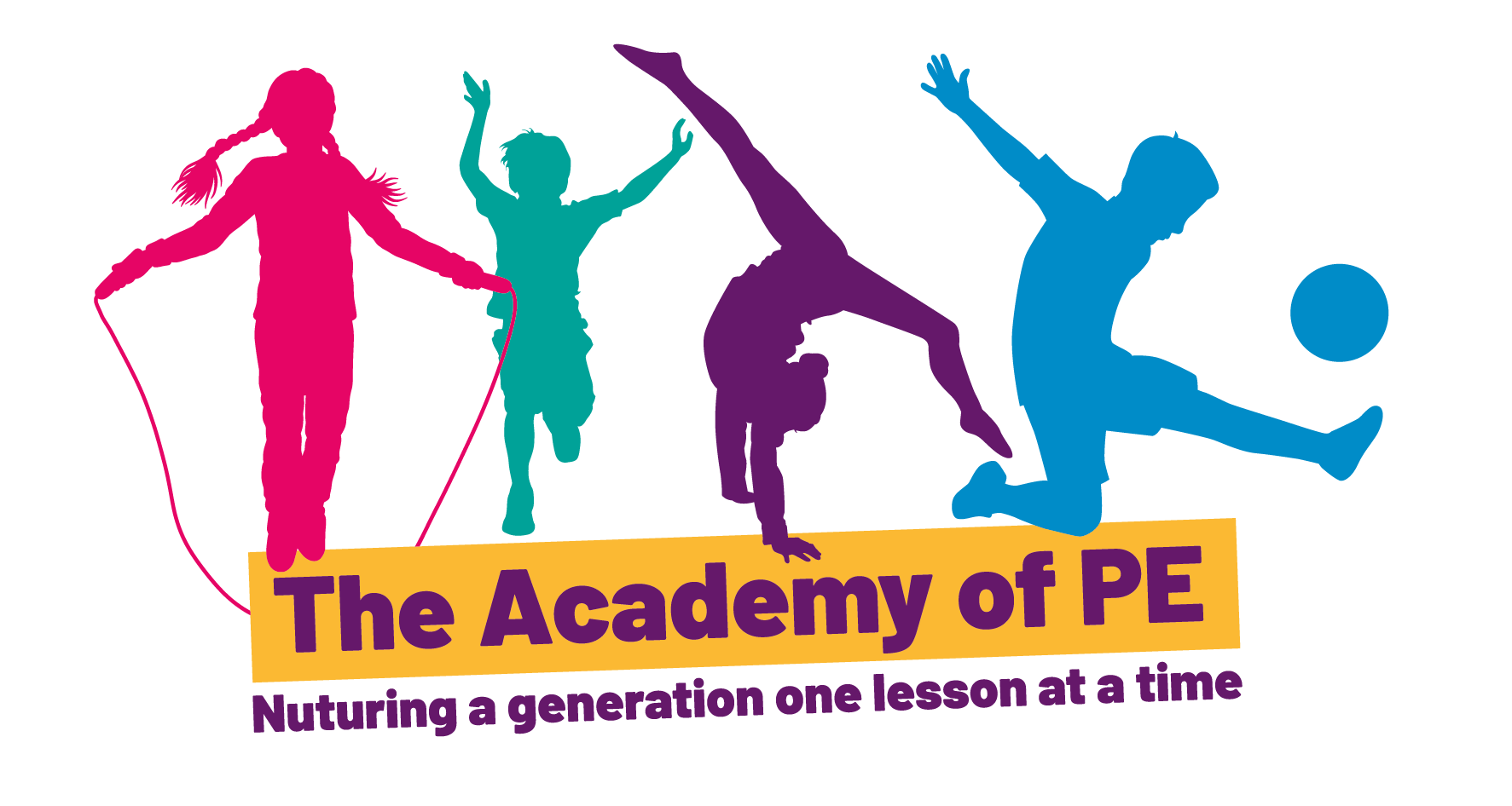 Silhouette of Children playing sports in different colours and the name 'Academy of PE'