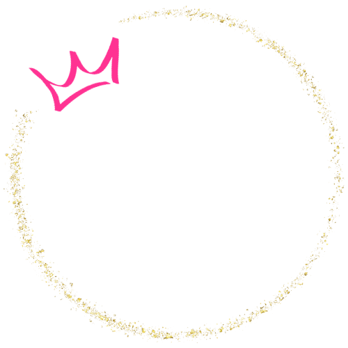 Queen of business organisation text in gold circle with a pink crown, logo
