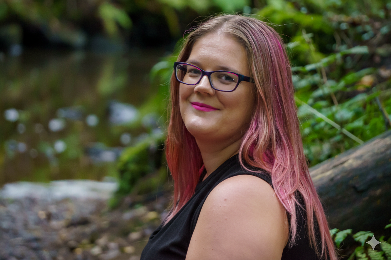 Dani louise smith looking over with her head turned to her left