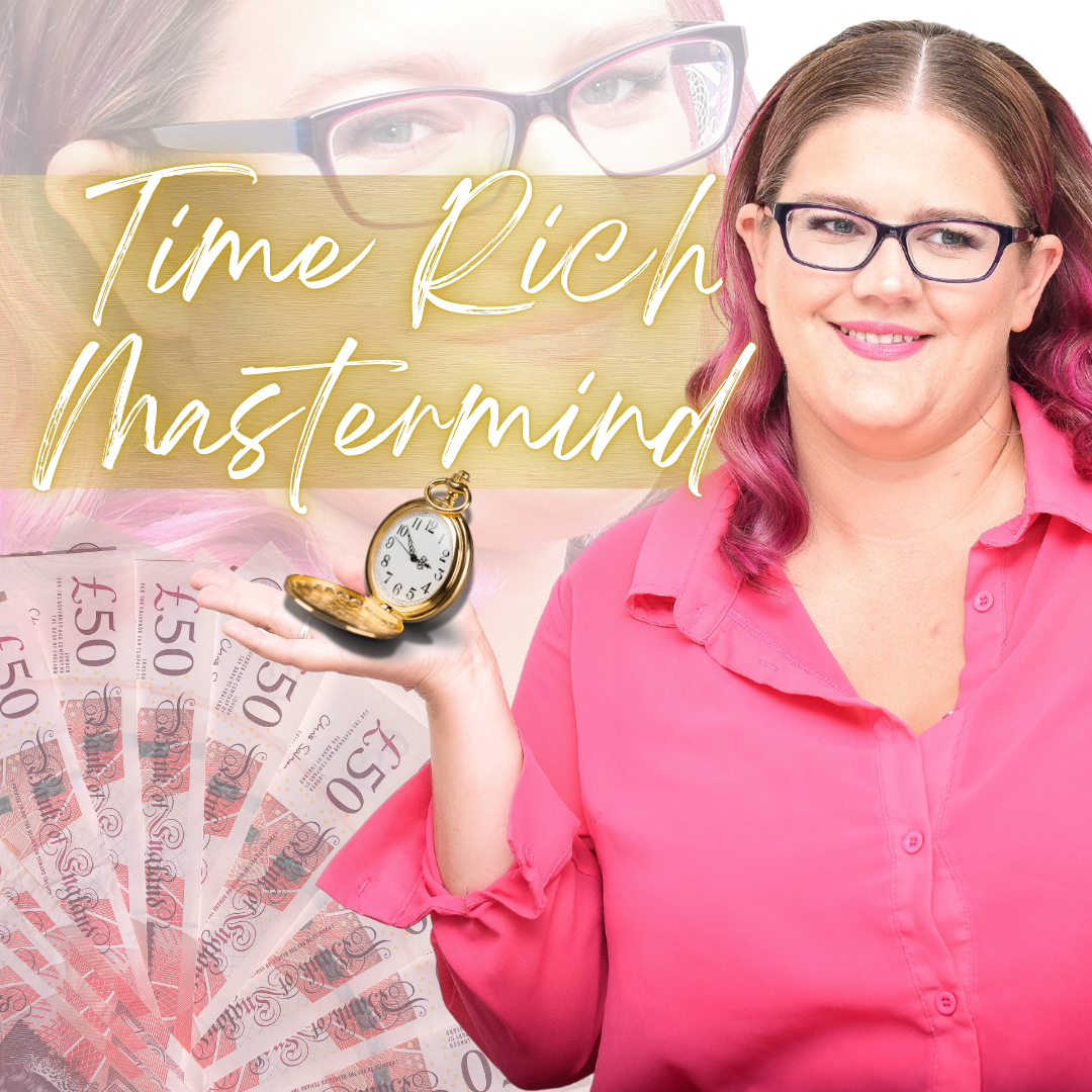 time rich mastermind, Dani wearing pink shirt, holding a stopwatch and cash behind her