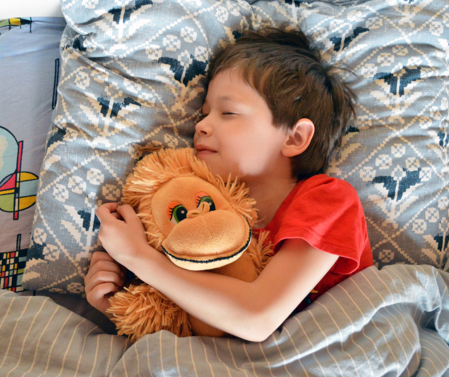 Child happily sleeping with favorite stuffed animal toy
