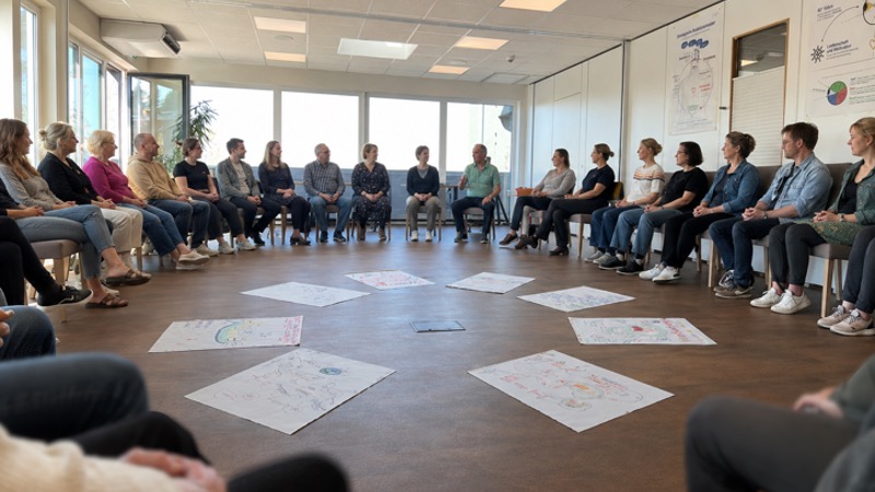 Teilnehmer sitzen zum Abschluss des Enneagramm Beziehungsseminars gemeinsam im Stuhlkreis