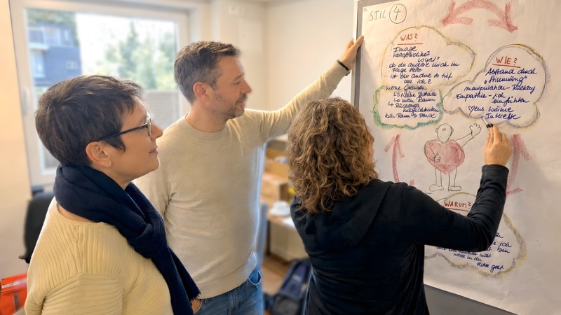 Teilnehmer erarbeiten gemeinsam ein Flipchart zu den Beziehungsmustern von Enneagramm-Stil 4