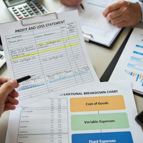 Business owner reviewing profit and loss statement with operational breakdown chart showing Cost of Goods, Variable Expenses,