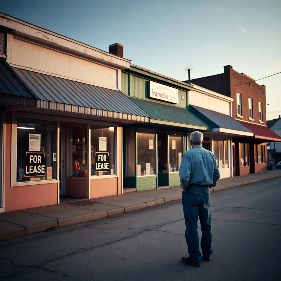 Photorealistic, blue-collar authentic, natural outdoor lighting. A business owner standing outside a row of small retail 
