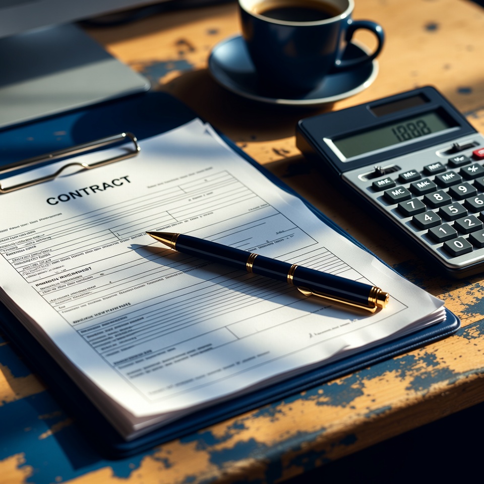 Franchise agreement contract on desk with pen and calculator showing financial figures
