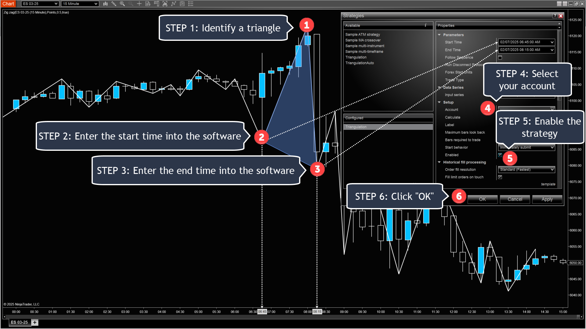 Diagram showing 6 steps to using Triangulation automated trading software