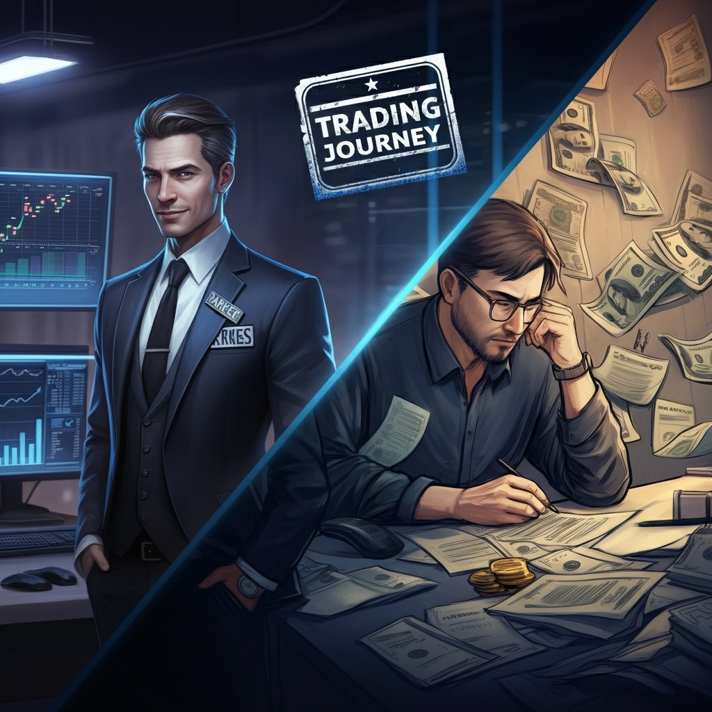 Split image showing a real proprietary trading firm vs a fake simulated prop firm with exposed label.