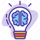 Clip-art style image of light bulb with brain inside it, and short lines pointing out from bulb. Blue tones.
