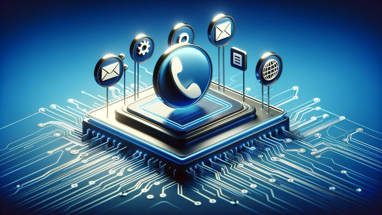 Circuito azul con íconos de comunicación en 3D