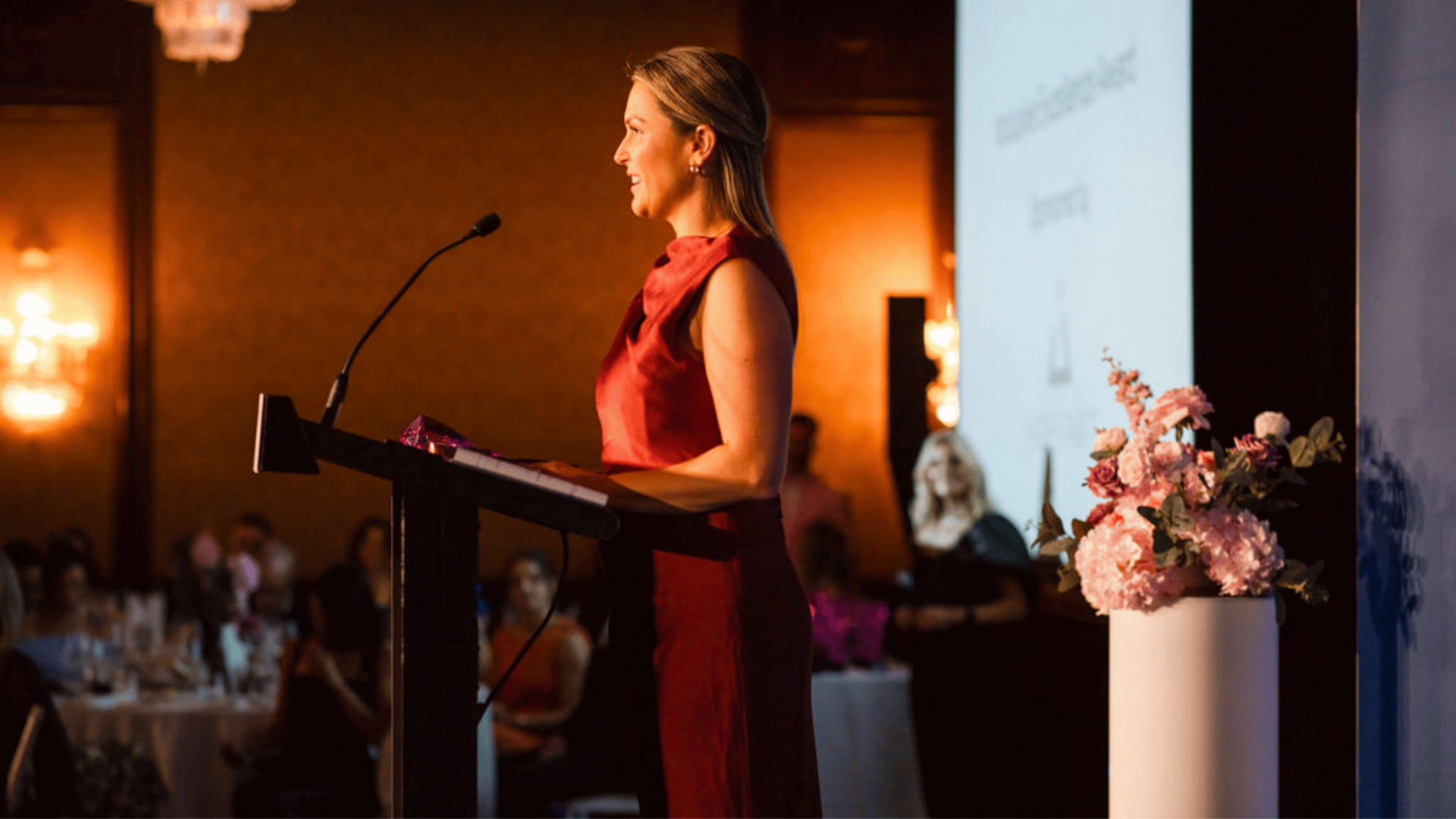 Jade Spehr speaking at the Dermalogica 30th Anniversary Event
