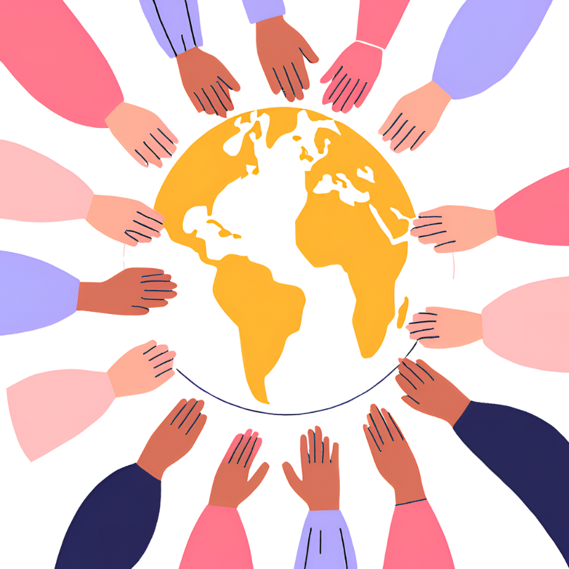 Graphic of the world surrounded by a culturally diverse group of people holding hands.