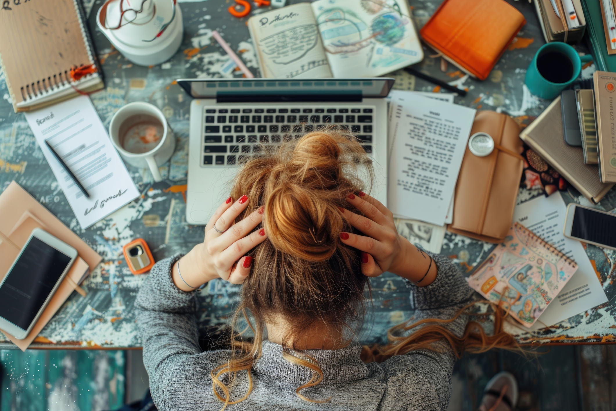 ID <a href="https://www.dreamstime.com/overwhelmed-woman-working-cluttered-desk-laptop-books-coffee-cup-ai-generated-overwhel