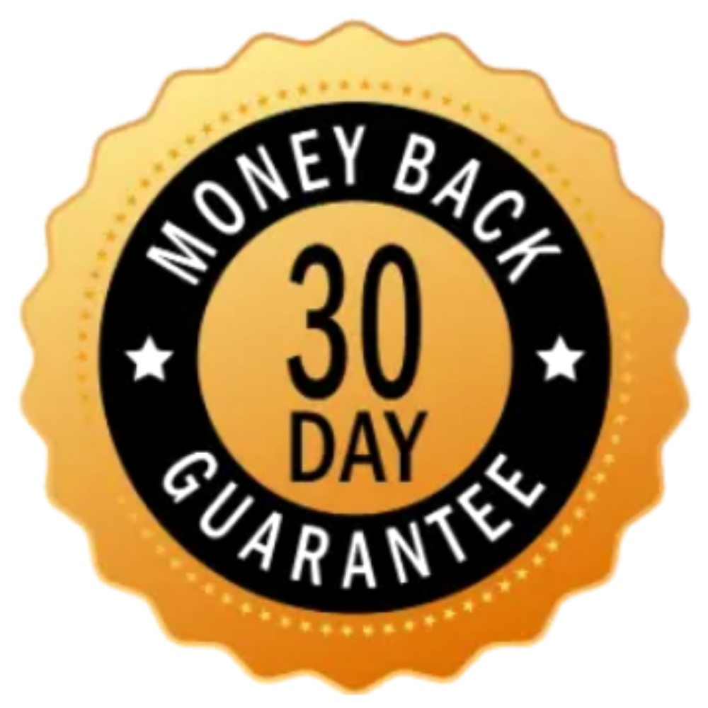 A gold and black circular badge displays the text "30 Day Money Back Guarantee" in bold letters.